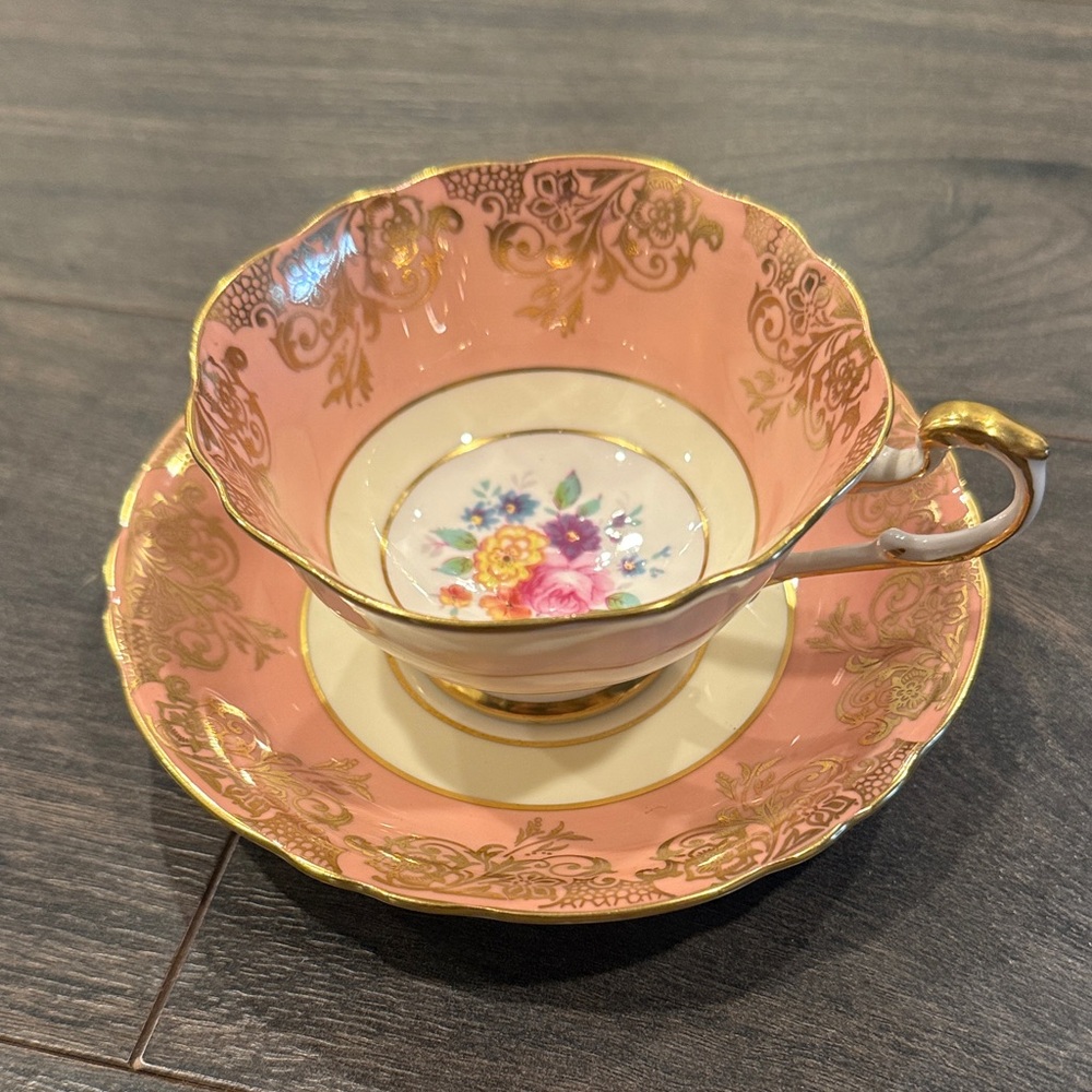 Elegant Pink and Gold Floral Teacup and Saucer Set